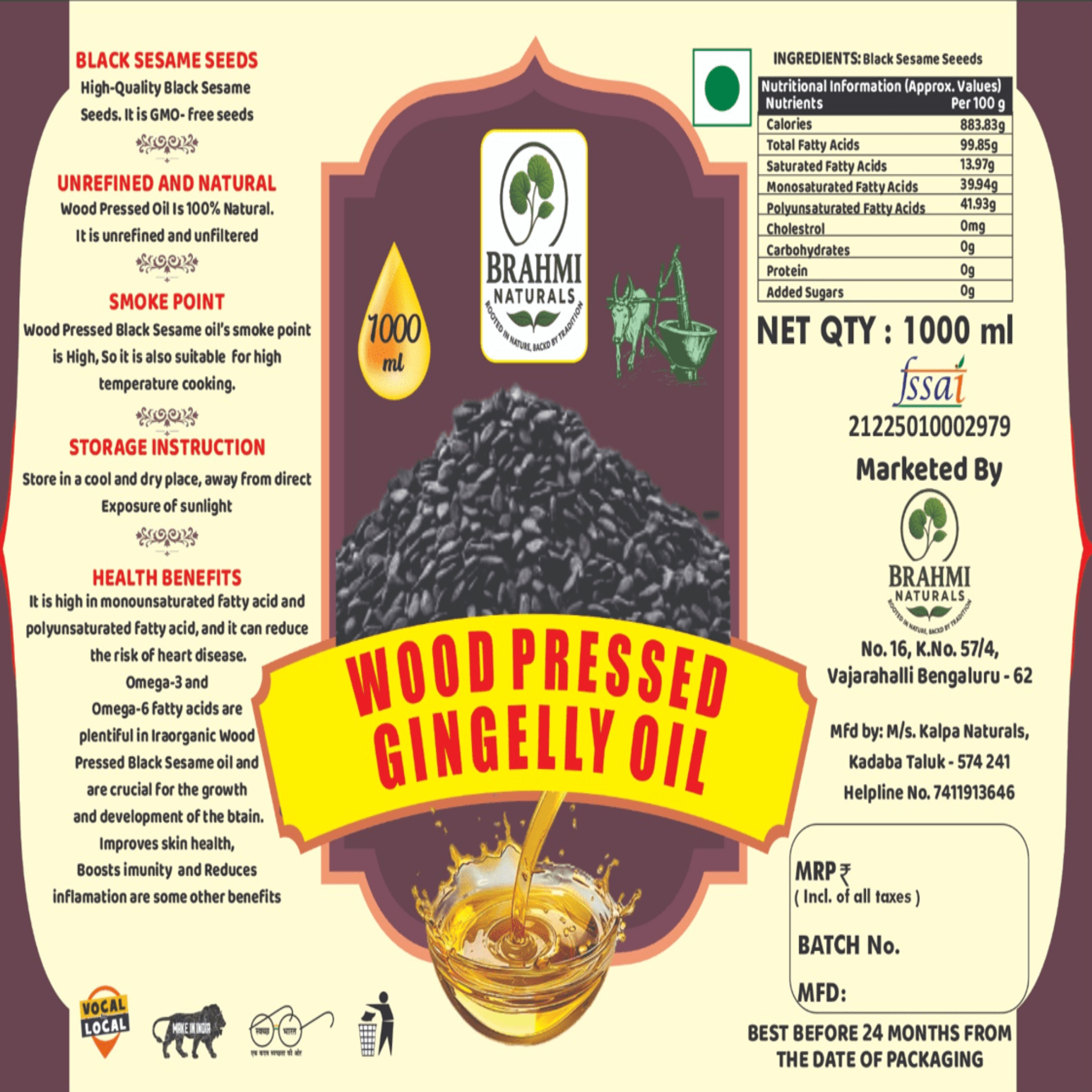 Cold Pressed Gingelly Oil - 1000 ml - Brahmi Naturals