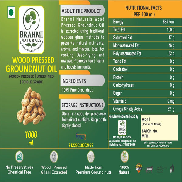 Cold Pressed Groundnut Oil - 1000 ml - Brahmi Naturals