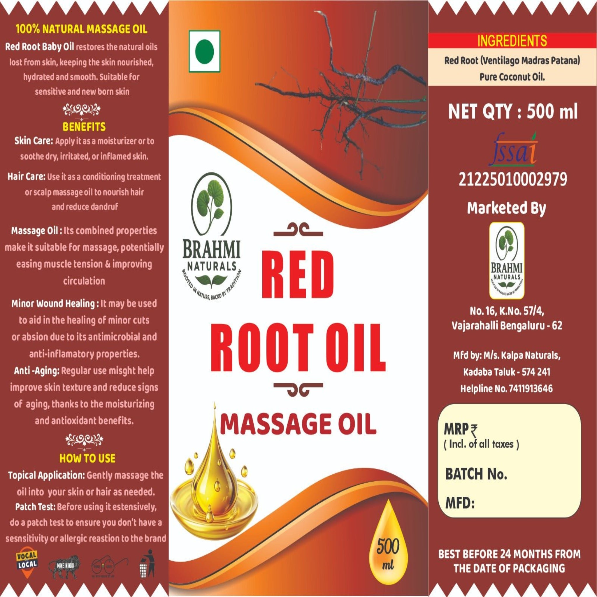 Red Root Oil - 500 ml - Brahmi Naturals