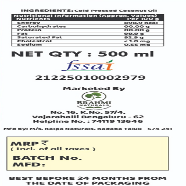 Wood Pressed Coconut Oil - 500 ml - Brahmi Naturals